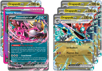 Pokémon Neem een duik en sla je tegenstanders knock-out met Dragapult ex!In dit product vind je de volgende items: 1 klaar om te spelen 60-kaart deck 6 toernooiklare schade-dobbelstenen 1 coin-flip dobbelsteen 2 munt-conditiemarkers 1 deck box 1 strategie