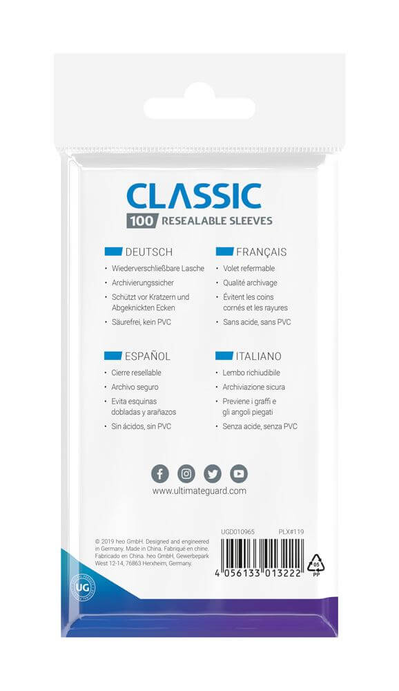 Accessoires This pack contains 100 card sleeves for all standard sized gaming cards, like Magic the Gathering™, Pokemon™ and others.- With resealable flap- High clearness- Extra clear polypropylene- Collector´s grade- Acid free, no PVC- Regular fit- Archi