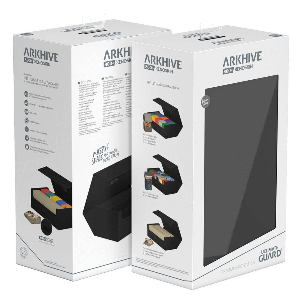 Accessoires Double your storage with our Arkhive 800+! This box offers space for more than 800 double-sleeved cards in standard size, can hold 350 Toploaders, or its two rows can simply be filled with a selection of your favorite deck boxes and cases. Its