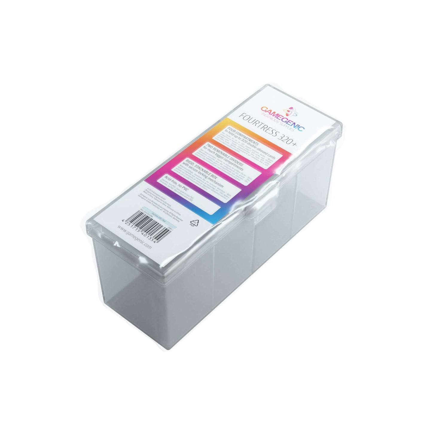 Accessoires Doorzichte Fourtress opbergbox waarin je volledige decks, dobbelstenen, tokens en 320 kaarten met dubbele sleeves kunt opbergen.