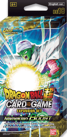 Dragon Ball Dragon Ball Super - Namekian Boost Expansion bevat:- UW4 Booster Pack x2- Battle Evolution Booster Pack x1- New Expansion Cards x10 (5 types x2) (All Silver Foil)- Official Dice x1 (New Color)