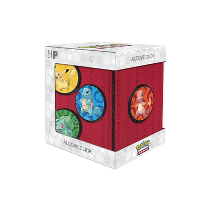 Pokémon Collect, store, and personalize with the Alcove Click for Pokémon! The Alcove Click comes with four themed badges featuring Bulbasaur, Charmander, Squirtle and Pikachu. This Deck Box holds up to 100 standard size trading cards double-sleeved in Ul