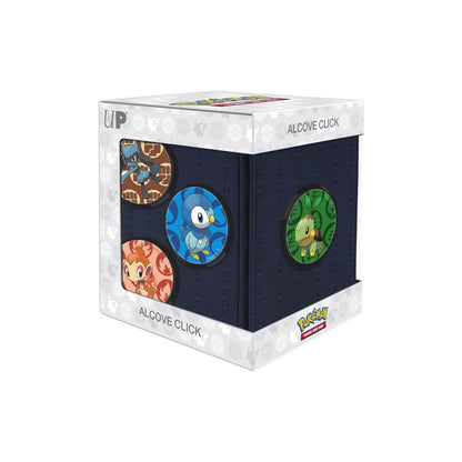 Pokémon Collect, store, and personalize with the Alcove Click for Pokémon! The Alcove Click comes with four themed badges featuring Turtwig, Chimchar, Piplup and Riolu. This Deck Box holds up to 100 standard size trading cards double-sleeved in Ultra PRO