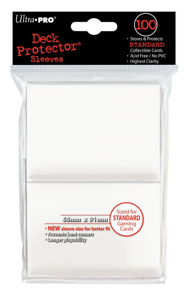 Accessoires Witte Deck Protectors voor standaard kaarten (66x91 mm). Een pakje bevat 100 deck protectors.