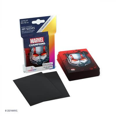 SLEEVES Marvel Champions met Ant-Man. Een pakje bevat 50+1 sleeves. Afmetingen zijn 66 x 91 mm.