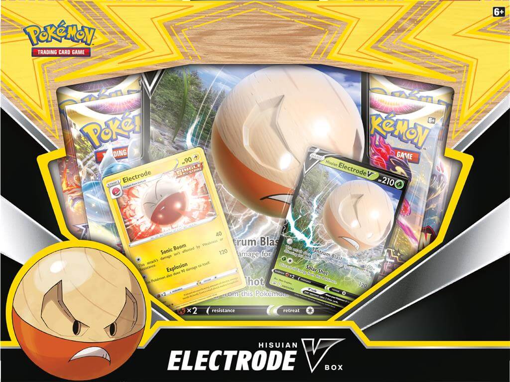 Verras je tegenstander en voer een explosieve comeback uit met Hisuian Electrode V! Deze Pokémon van het Grass-type wordt krachtiger als hij wordt beïnvloed door Speciale Voorwaarden, dus wees niet bang om risico's te nemen!In deze doos vind je speelbare