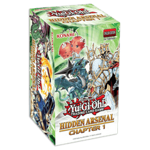 Yu-Gi-Oh Each Hidden Arsenal: Chapter 1 box contains: 1 Secret Rare variant card 2 packs with 18 cards each: 1 standard Ultra Rare, 2 colorful Ultra Rares (blue, green, or purple), and 15 Commons. 1 Hidden Arsenal Storyline Insert with playmat 1 of severa
